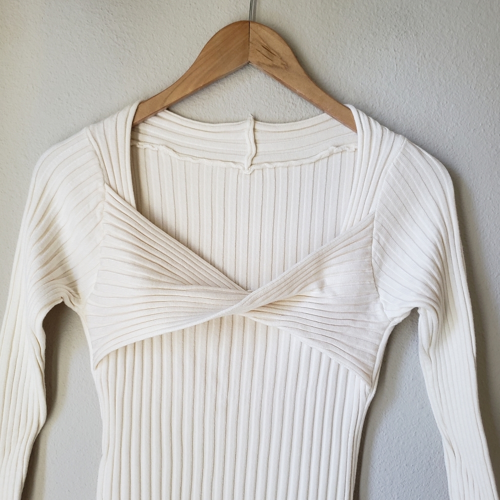 Square Neck Long Sleeve Ribbed Knit Midi Dress - Picture 10 of 15